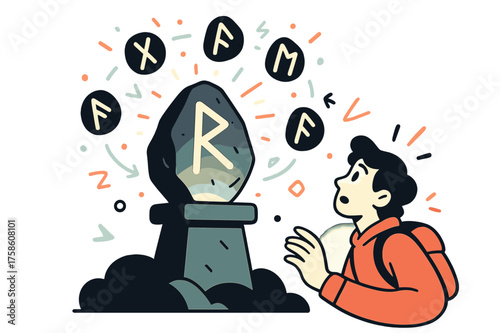 Glowing Rune Stone. Ancient rune stone. A glowing carved stone resting on a pedestal, with floating runes