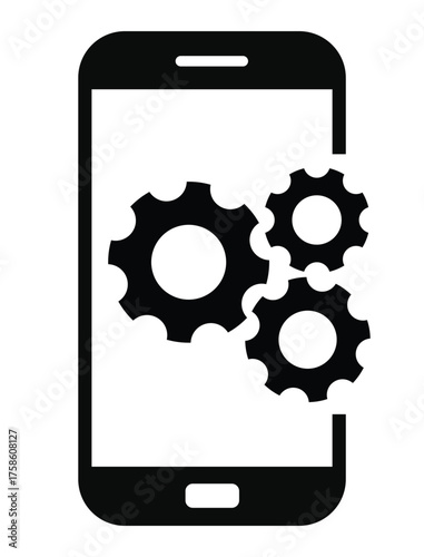 Mobile settings and system icon featuring three cogwheels (gears) partially displayed on or next to a simple smartphone outline. Represents app development, optimization, device configuration, technic
