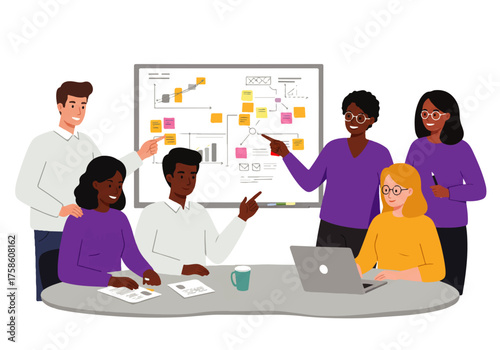 Wallpaper Mural A diverse group of professionals collaborates around a table, analyzing charts and sticky notes on a whiteboard during a business meeting. Torontodigital.ca