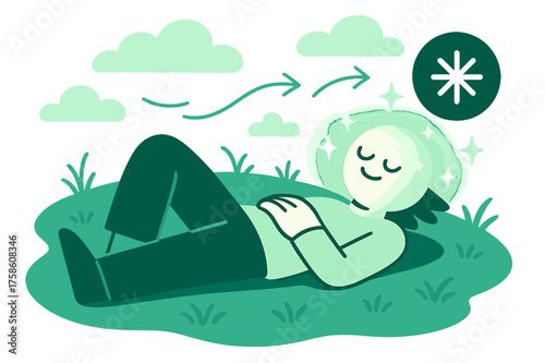 Mindful Nature Scene. Mindful outdoors. A glowing character lying on the grass with clouds drifting overhead,