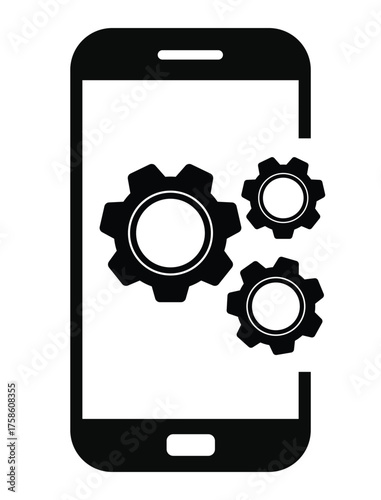 Mobile settings and system icon featuring three cogwheels (gears) partially displayed on or next to a simple smartphone outline. Represents app development, optimization, device configuration, technic