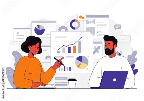 Two business colleagues, a woman pointing at a chart and a man with a laptop, discussing data and analytics in a modern office setting.