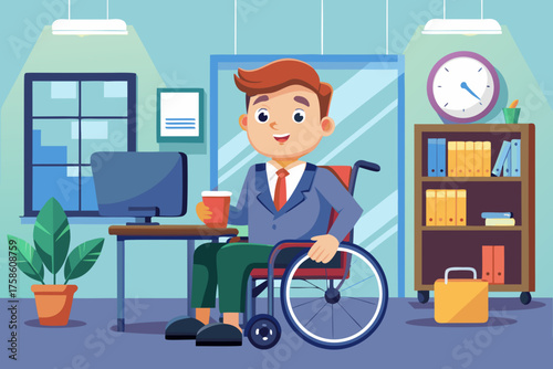 confident professional vector with disability using wheelchair in modern office, working independently with laptop, symbolizing diversity, empowerment, and inclusion in workplace