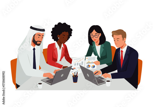 Four diverse business professionals collaborate around a table, reviewing charts and working on laptops in a meeting.