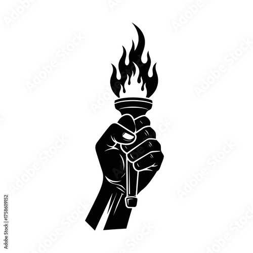 A black and white illustration of a hand holding a flaming torch aloft.