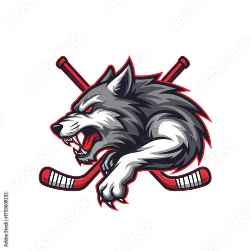 A detailed illustration of a snarling wolf's head with crossed hockey sticks, a sports logo.