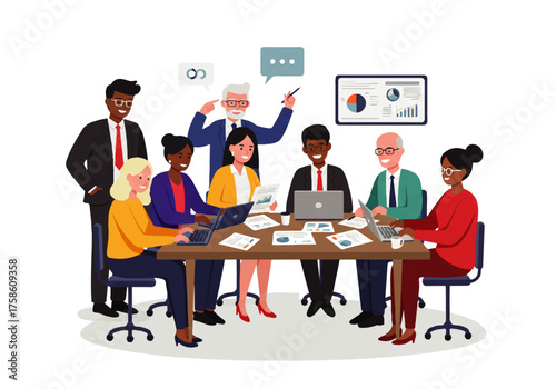 Diverse group of business professionals collaborate around a table, reviewing documents and working on laptops during a meeting.