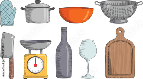 Kitchen utensils illustration with cooking pot, wooden cutting board, bowl, colander, and oven mitt on clean white background, cooking concept
