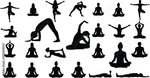 Silhouette yoga poses collection, meditation, stretching, balance, flexibility, downward dog, tree pose, cobra posture, exercise fitness, cad drawing flat vector illustration