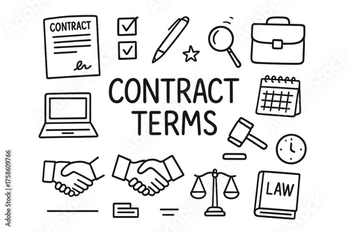 Contract Terms Doodle. Contract Terms. Hand-drawn doodle illustration of Contract Terms. contract paper, pen,