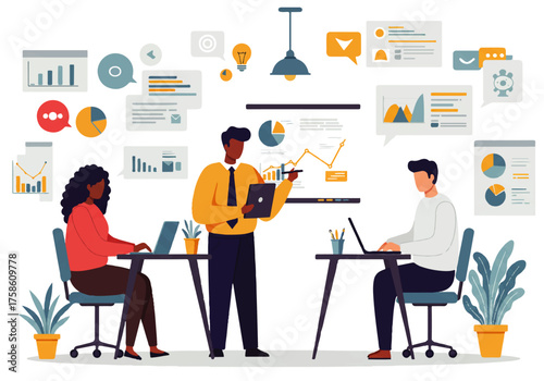 Three diverse professionals collaborate in an office setting, reviewing data and charts, with one presenting from a tablet.