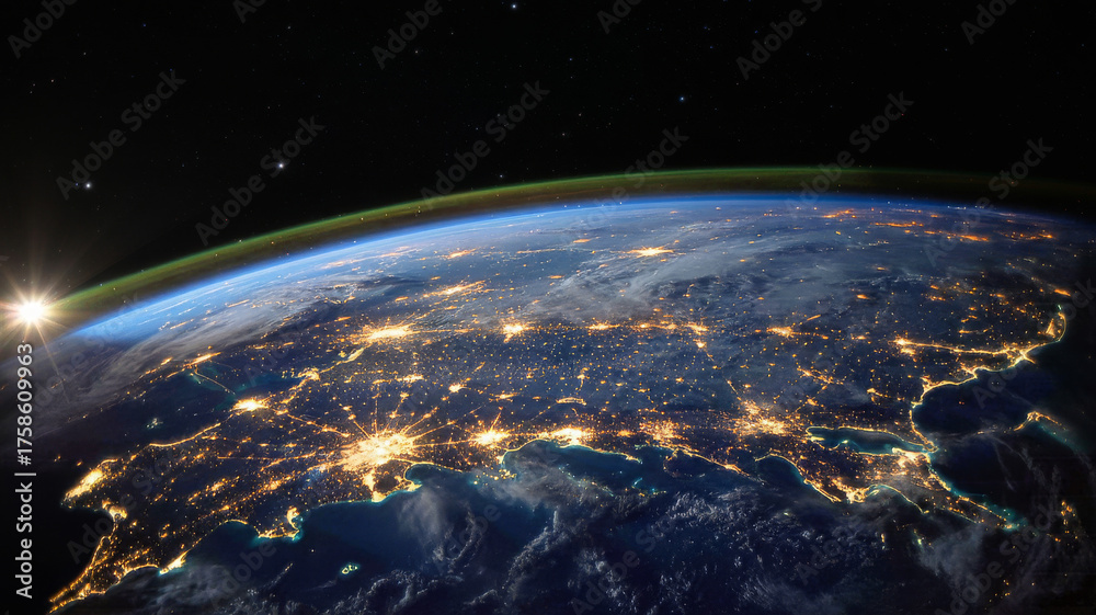 Fototapeta premium Earth at night from space with city lights visible satellite