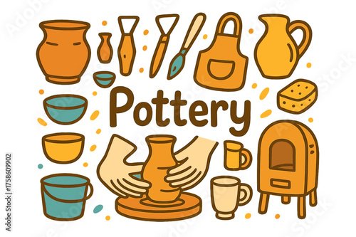 Pottery Doodle Art. Pottery. Hand-drawn doodle illustration of Pottery. Clay pot, vase, sculpting tool, wheel,