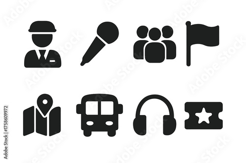 Guided Tours Icons. Guided tours. Filled icon set of Guided tours: tour guide, microphone, group of people,