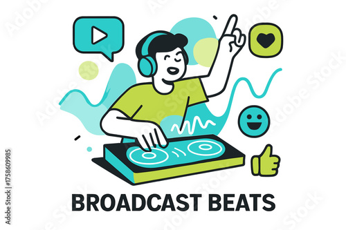 Broadcast Beats Live. Music and social media. Character live streaming glowing music set with floating