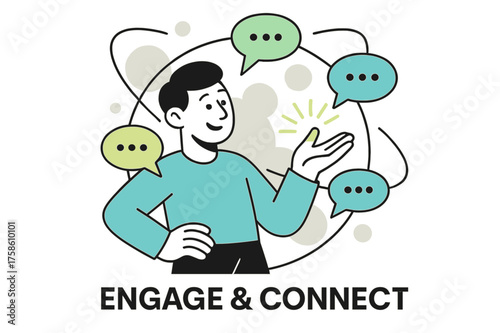 Glowing Chat Interaction. Small talk. Character gesturing with glowing hand while abstract orbiting chat