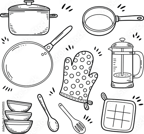 Black and white line drawing of kitchen utensils with cooking pot, frying pan, bowls, coffee press, and oven mitt illustration