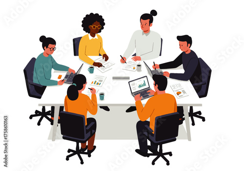 A diverse group of six people are collaborating around a white table, using laptops and papers during a business meeting.
