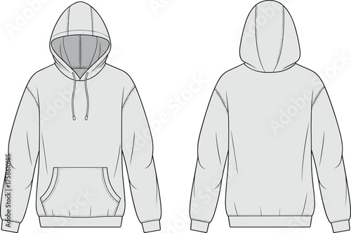 CAD drawing flat vector illustration of hooded sweatshirt, hoodie front and back view, kangaroo pocket, drawstring hood, fashion apparel template