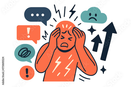 Floating Anxiety Icons. Anxiety and stress. A glowing character overwhelmed by floating notifications,