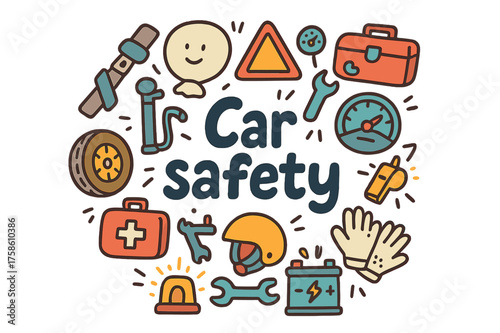 Car Safety Doodles. Car safety. Hand-drawn doodle illustration of Car safety. Seatbelt, airbag, tire inflator,
