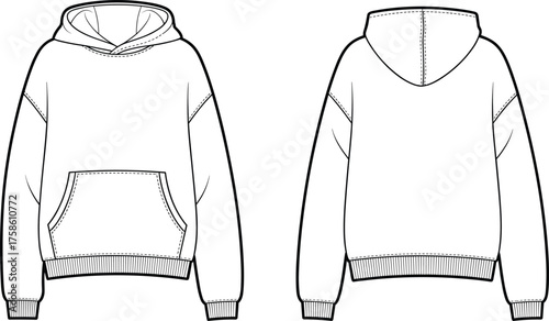 CAD drawing flat vector illustration of hooded sweatshirt, hoodie front and back view, kangaroo pocket, ribbed cuffs, seam details, fashion template