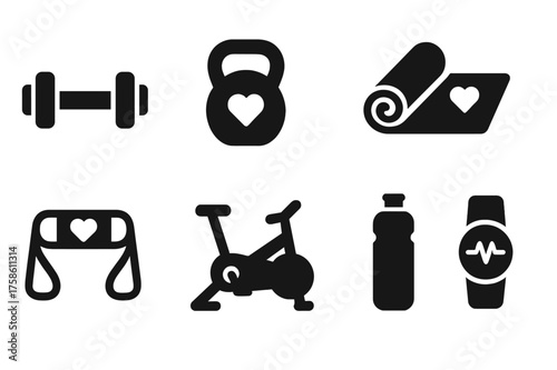 Fitness Equipment Icons. Personalized Fitness Equipment. Filled icon set of Personalized Fitness Equipment: