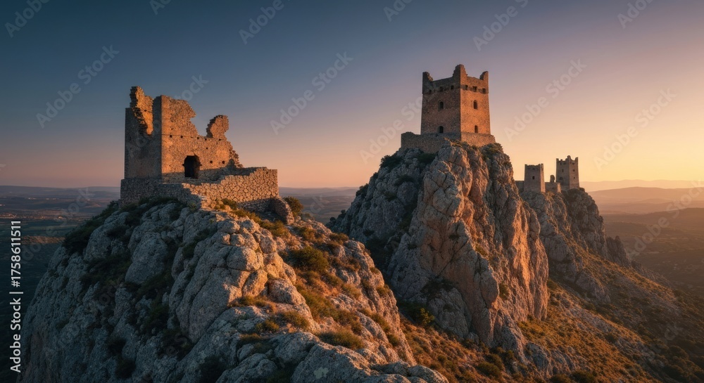 Fototapeta premium Ancient stone castles atop a rocky mountain ridge at golden hour