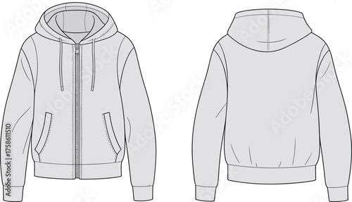 CAD drawing flat vector illustration of hooded zip up jacket, front and back view, drawstring hood, ribbed cuffs, fashion apparel template