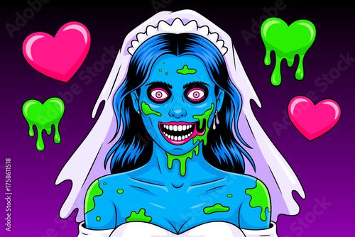 Zombie bride Halloween cartoon character. Dead bride in wedding dress. Scary undead woman in wedding dress, horror art for Halloween, posters, banner, stickers, digital design. Spooky decoration theme