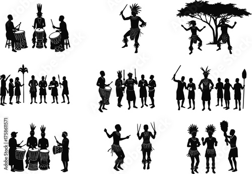 Silhouette of tribal people dancing and playing drums under trees, traditional cultural celebration and ethnic music performance vector illustration