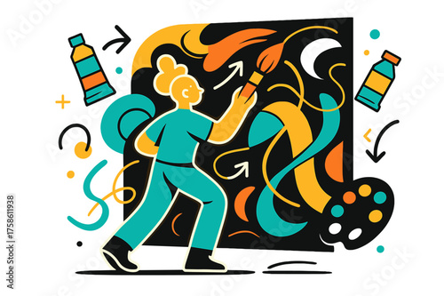 Dynamic Mural Creation. Wall artwork creation. A glowing character sketching large abstract shapes on a mural