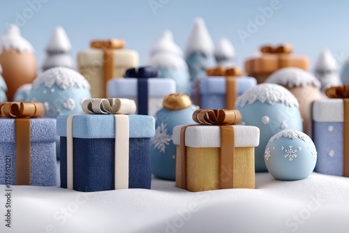 Colorful wrapped gifts and decorative ornaments create a festive winter scene, perfect for holiday marketing, greeting cards, or seasonal promotions, Capture the spirit of giving and celebration,