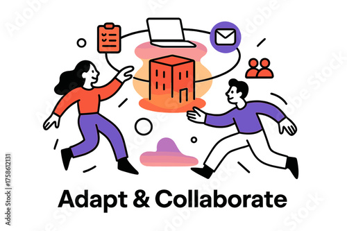 Adaptive Workplace Hub. Workplace adaptability. Abstract glowing office hub with floating orbiting icons of