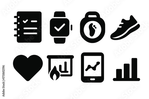 Activity Tracking Icons. Activity Logging. Filled icon set of Activity Logging: notebook, smartwatch,