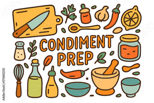 Condiment Prep Doodle. Condiment Prep. Hand-drawn doodle illustration of Condiment Prep. cutting board, knife,