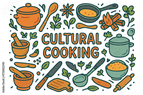 Cultural Cooking Doodles. Cultural Cooking. Hand-drawn doodle illustration of Cultural Cooking. clay pot,