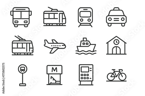 Public Transport Icons. Public transport. Line outline icon set of Public transport: bus, tram, subway train,