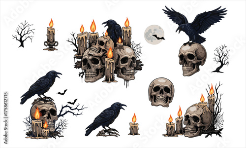 Halloween skulls, crows, and candles