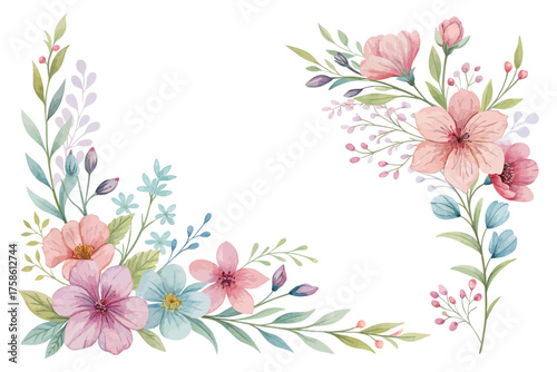 Watercolor Floral Corner Design isolated on white background