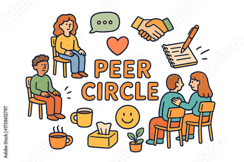 Colorful Peer Circle Doodle. Peer Circle. Hand-drawn doodle illustration of Peer Circle. people, chairs,