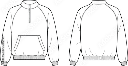 CAD drawing flat vector illustration of long sleeve half zip sweatshirt, raglan sleeves, kangaroo pocket, ribbed cuffs, fashion apparel template