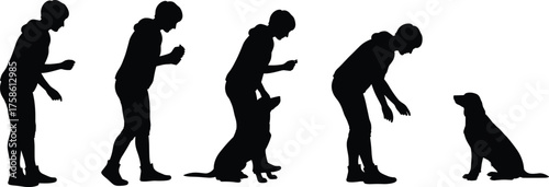 Dog training silhouette sequence, owner giving commands, leash free obedience, sit and stay demonstration, human dog interaction, reward based positive reinforcement, vector illustration