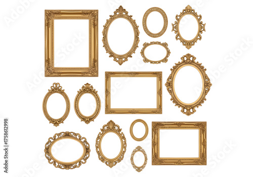 Antique Picture Frame Set Gold Ornate PNG on Transparent Background