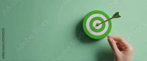 Hand holding green target icon on pastel background in minimalist style