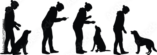 Dog training silhouette, pet obedience command, handler giving treat, canine behavior, reward-based learning, black vector icons, isolated on white