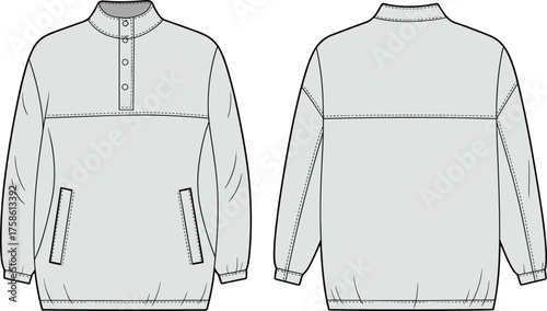 CAD drawing flat vector illustration of long sleeve pullover sweatshirt with button placket, welt pockets, elastic cuffs, fashion apparel design template