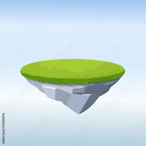 3D round grassy platform island with summer green lawn on the background of a light blue sky with clouds. 3D rendered stone podium with green grass