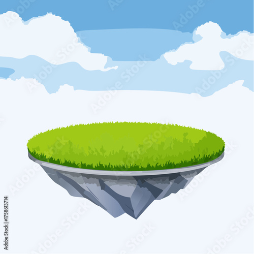 3D round grassy platform island with summer green lawn on the background of a light blue sky with clouds. 3D rendered stone podium with green grass