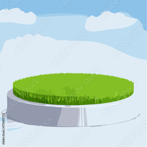 3D round grassy platform island with summer green lawn on the background of a light blue sky with clouds. 3D rendered stone podium with green grass